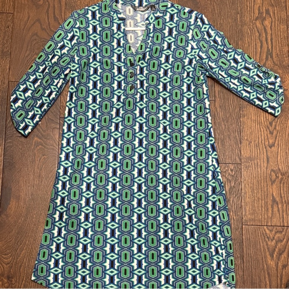 Mlle Gabrielle Geometric Green and Blue Long Sleeve Dress